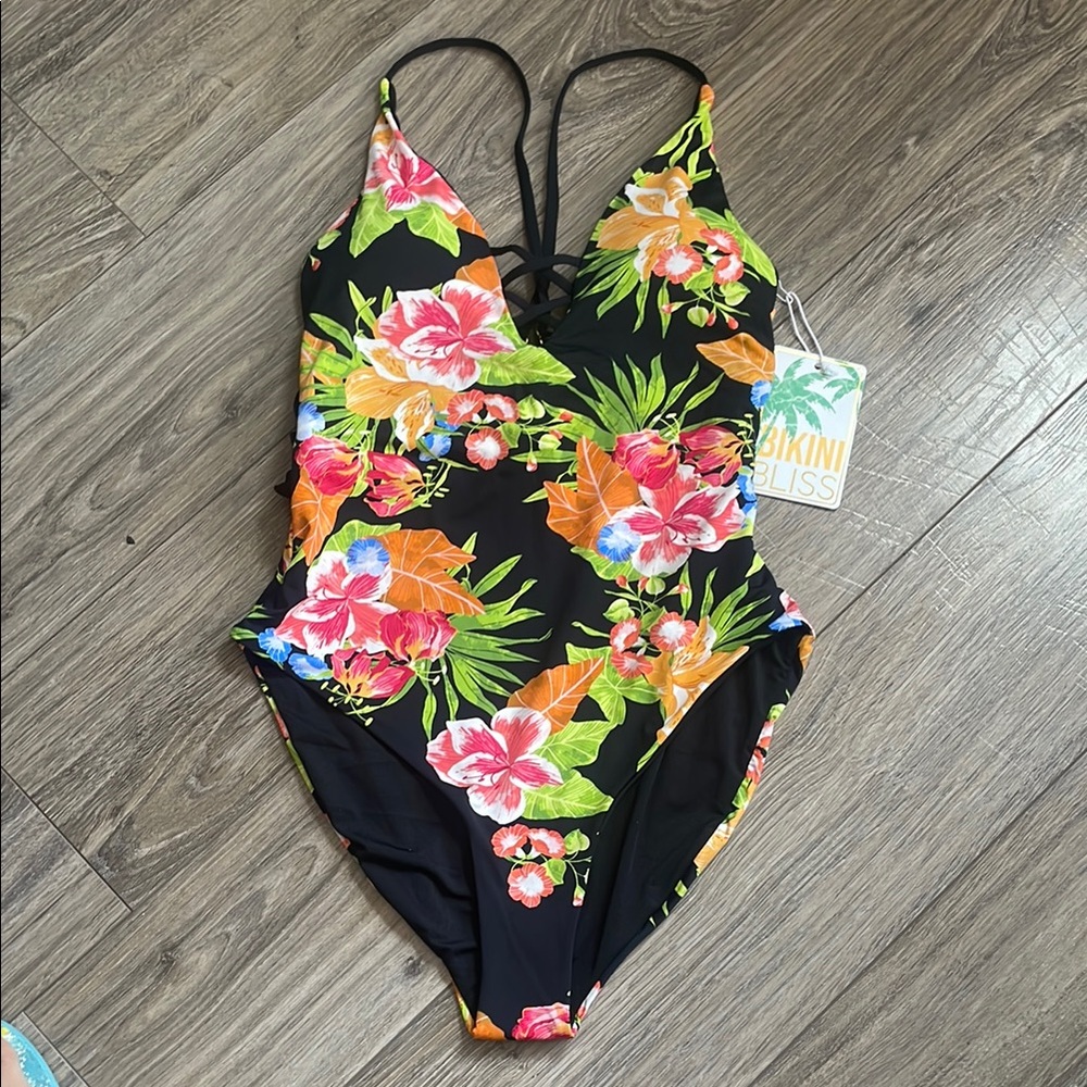 Floral One Piece Swimsuit - Black and Multicolor